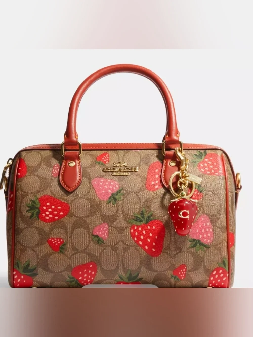 NWT COACH Strawberry Bag Charm Keychain Studded Gold Key Fob Chain